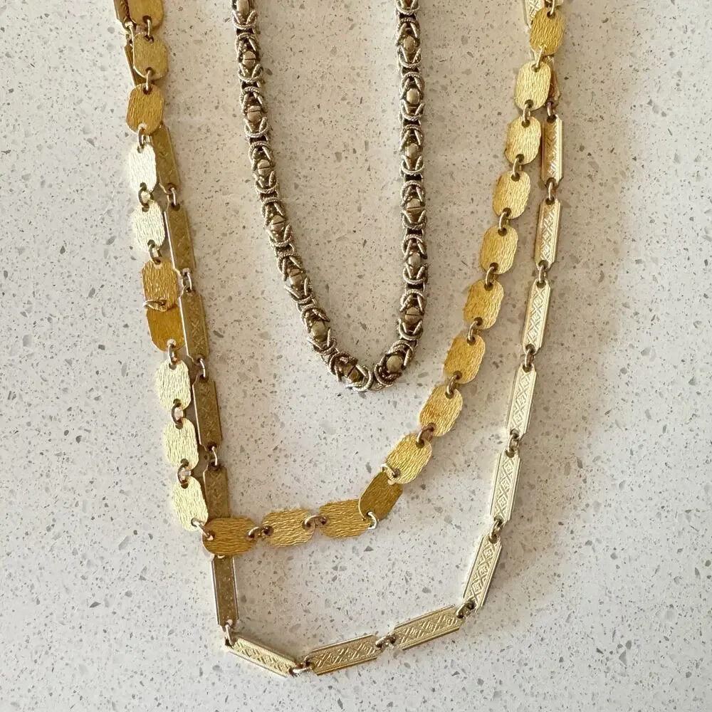 Three Gold Tone Vintage Art Deco Long Strand Chain Necklaces